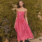 Maxikleid aus Popeline mit Multicolor-Streifen, gesmokter Taille und Empire-Schnitt