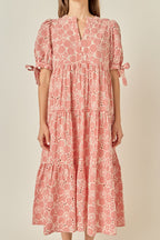 Embroidered Gingham Tiered Midi Dress