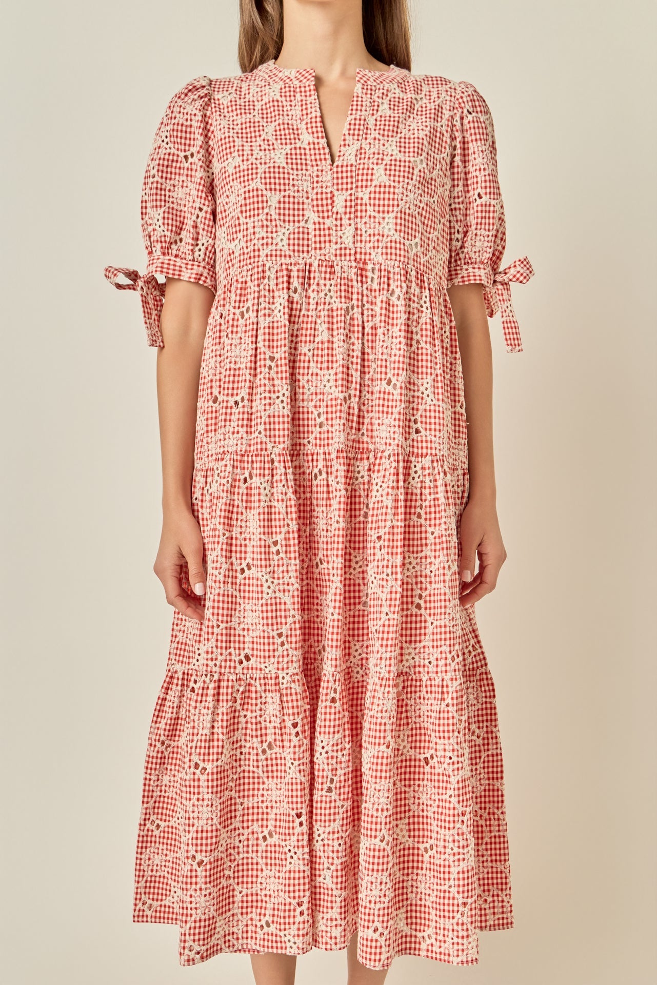 Embroidered Gingham Tiered Midi Dress