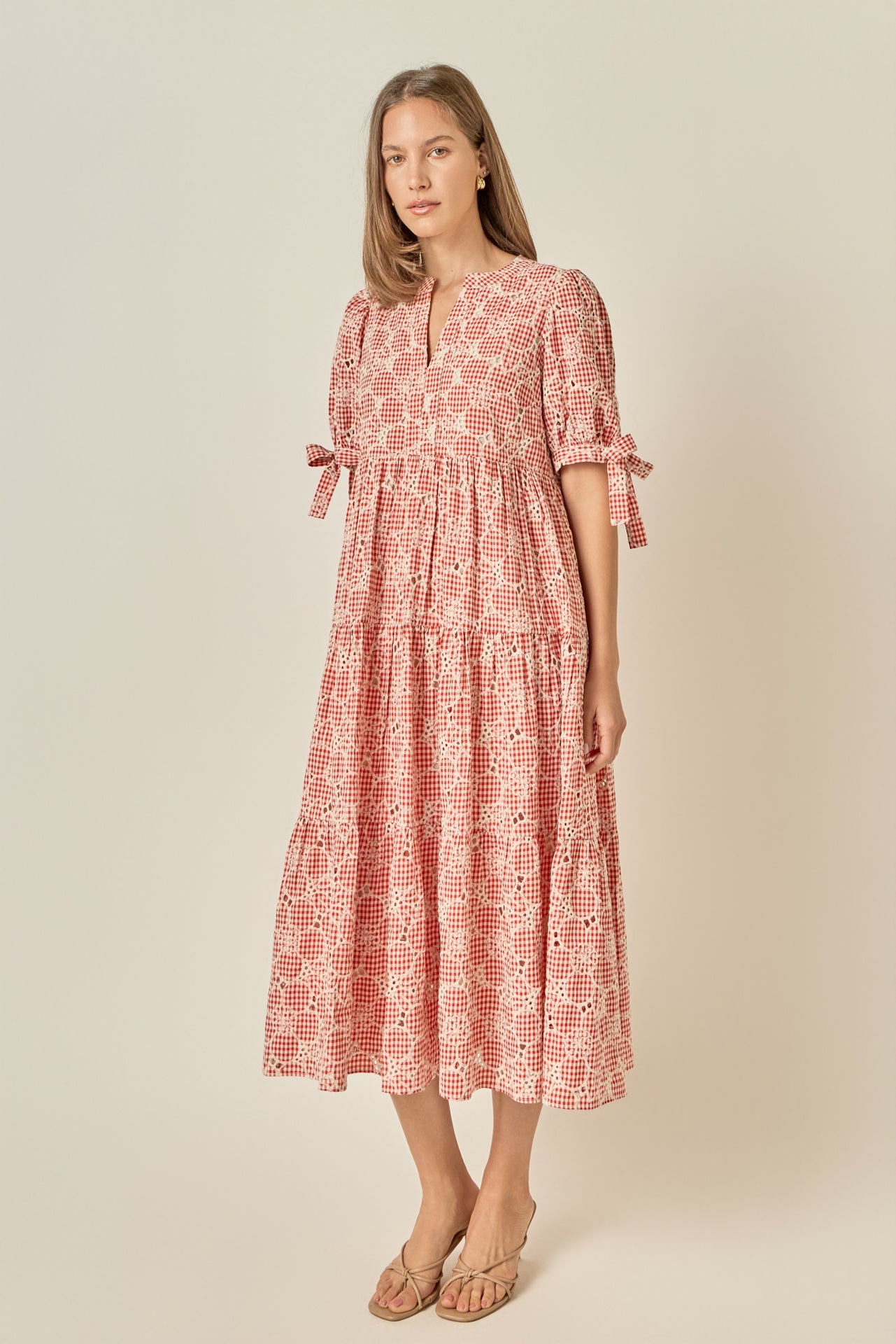 Embroidered Gingham Tiered Midi Dress