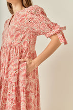 Embroidered Gingham Tiered Midi Dress