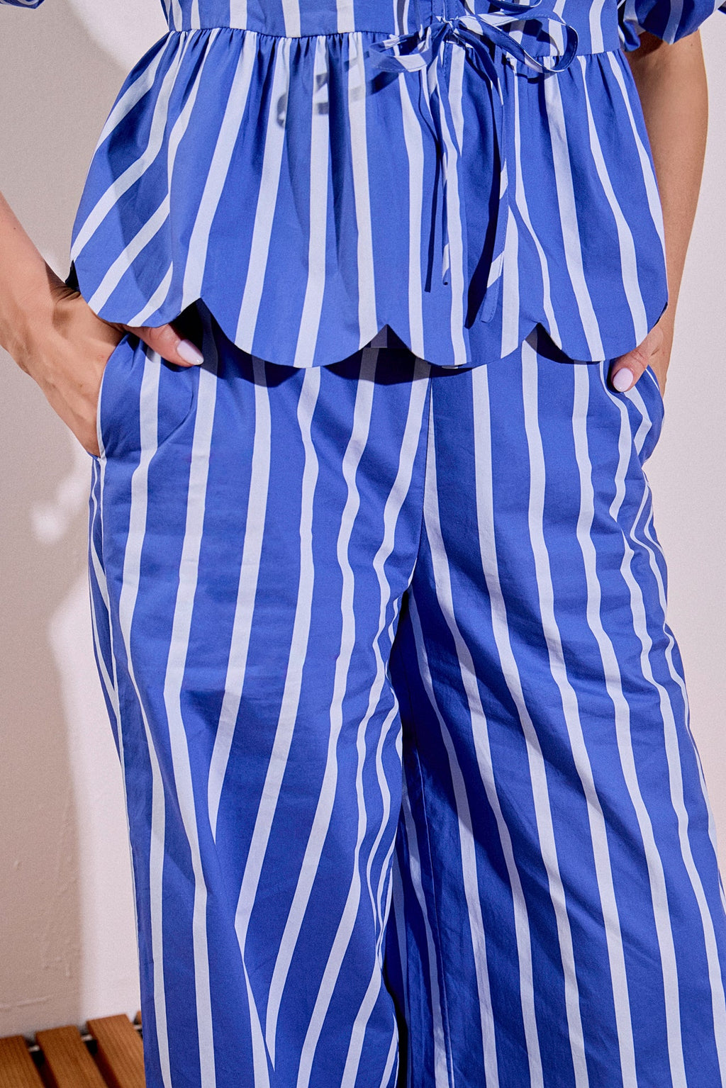 Stripe High-Waisted Wide Leg Cotton Poplin Long Pants