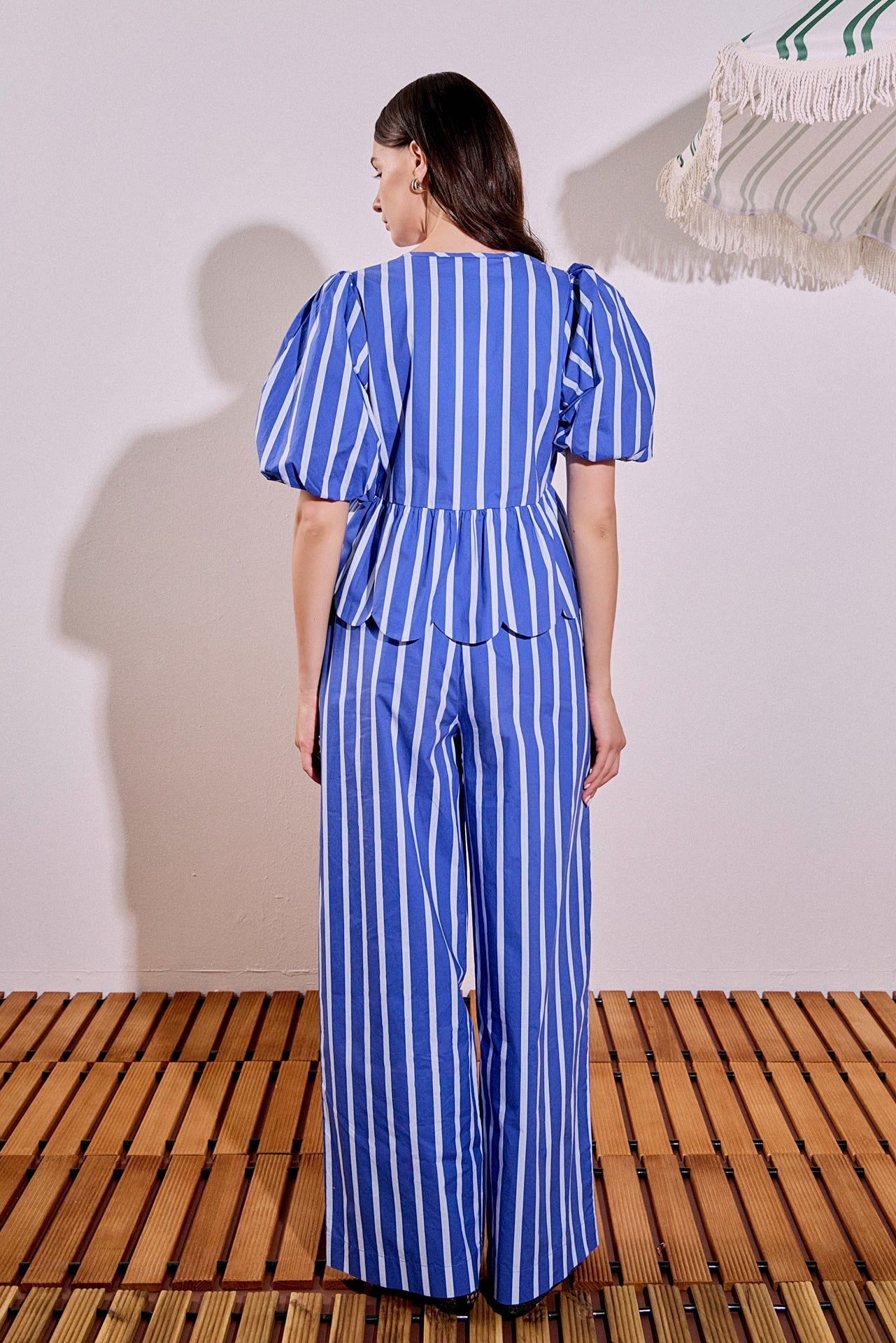 Stripe High-Waisted Wide Leg Cotton Poplin Long Pants
