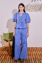 Stripe High-Waisted Wide Leg Cotton Poplin Long Pants