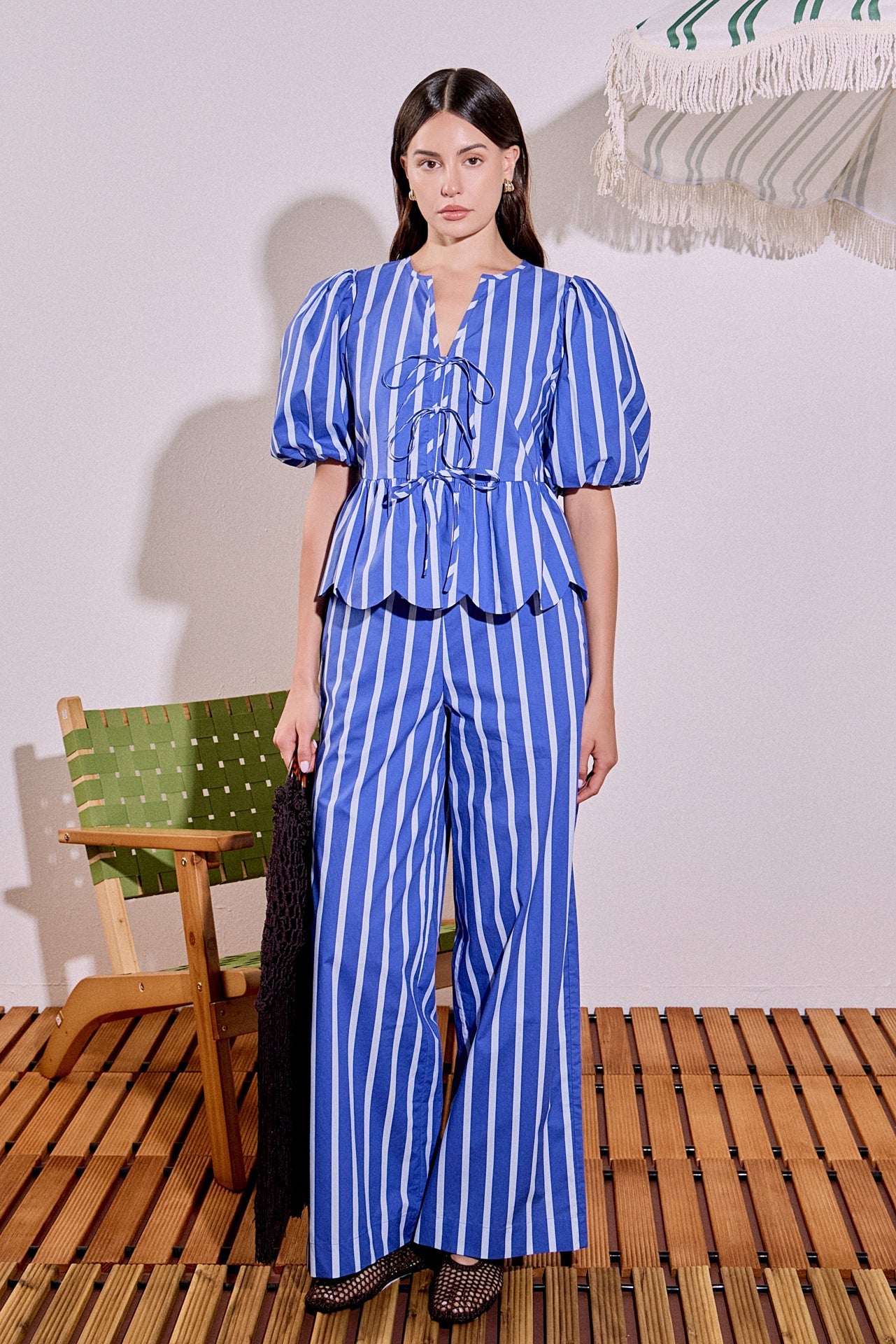 Stripe High-Waisted Wide Leg Cotton Poplin Long Pants