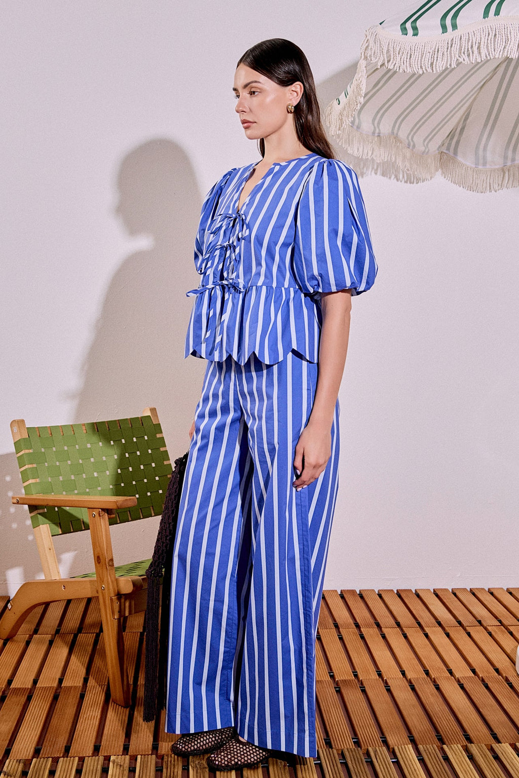 Stripe High-Waisted Wide Leg Cotton Poplin Long Pants