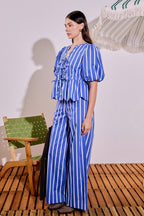 Stripe High-Waisted Wide Leg Cotton Poplin Long Pants