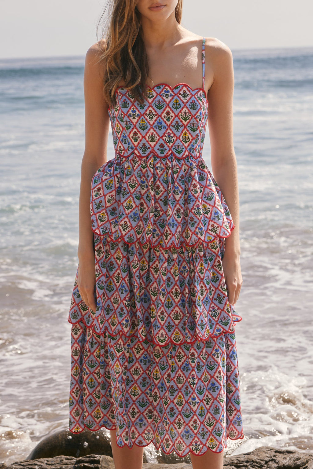 Scalloped Floral Tiered Midi Dress