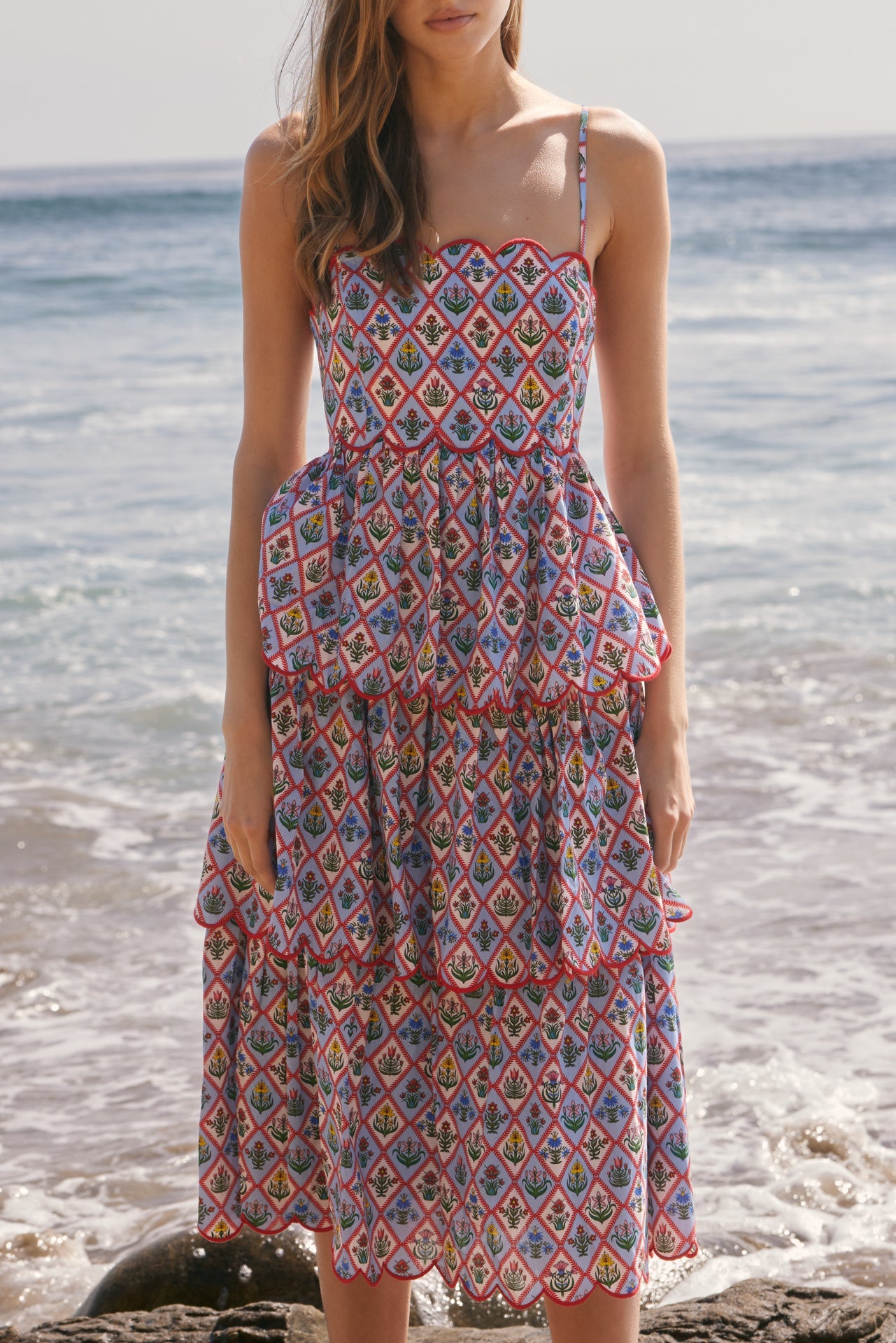 Scalloped Floral Tiered Midi Dress