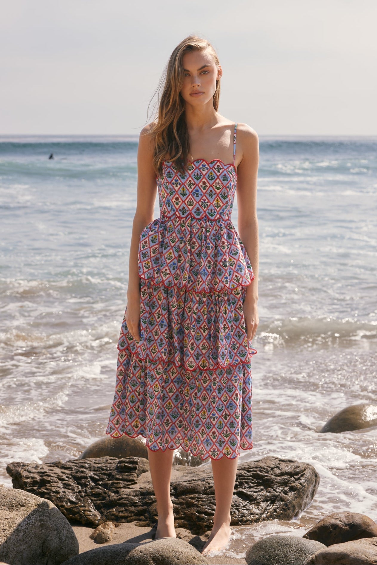 Scalloped Floral Tiered Midi Dress