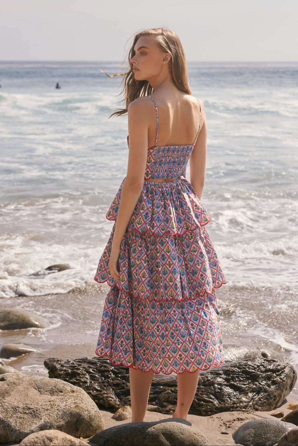 Scalloped Floral Tiered Midi Dress