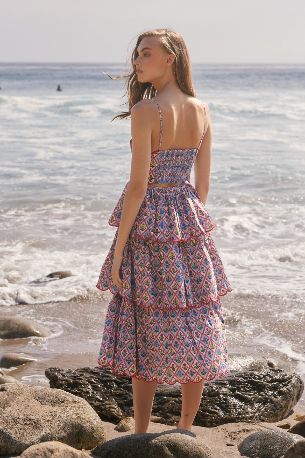 Scalloped Floral Tiered Midi Dress