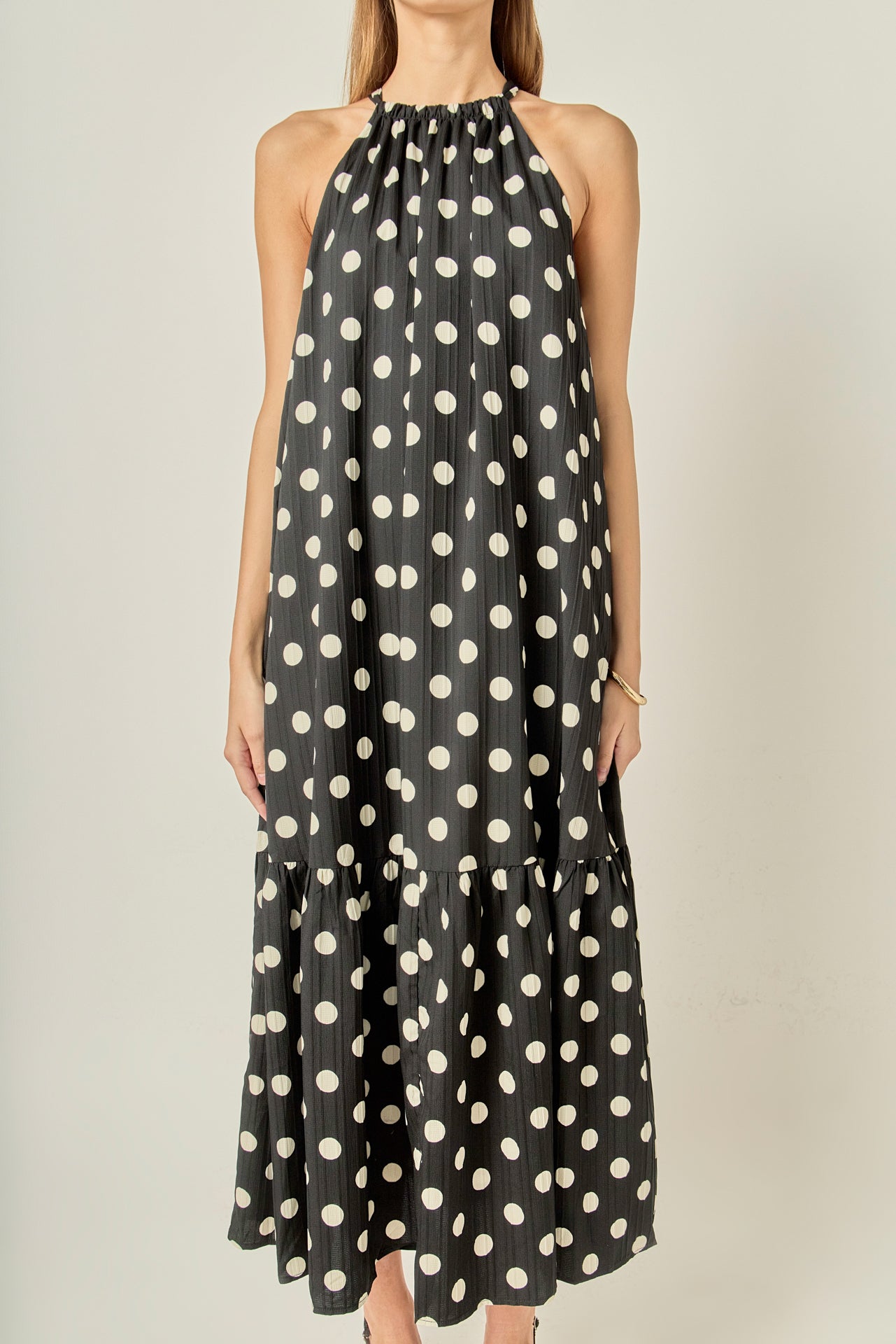 Polka Dot Halter Neck Tiered Hem Sleeveless Maxi Dress