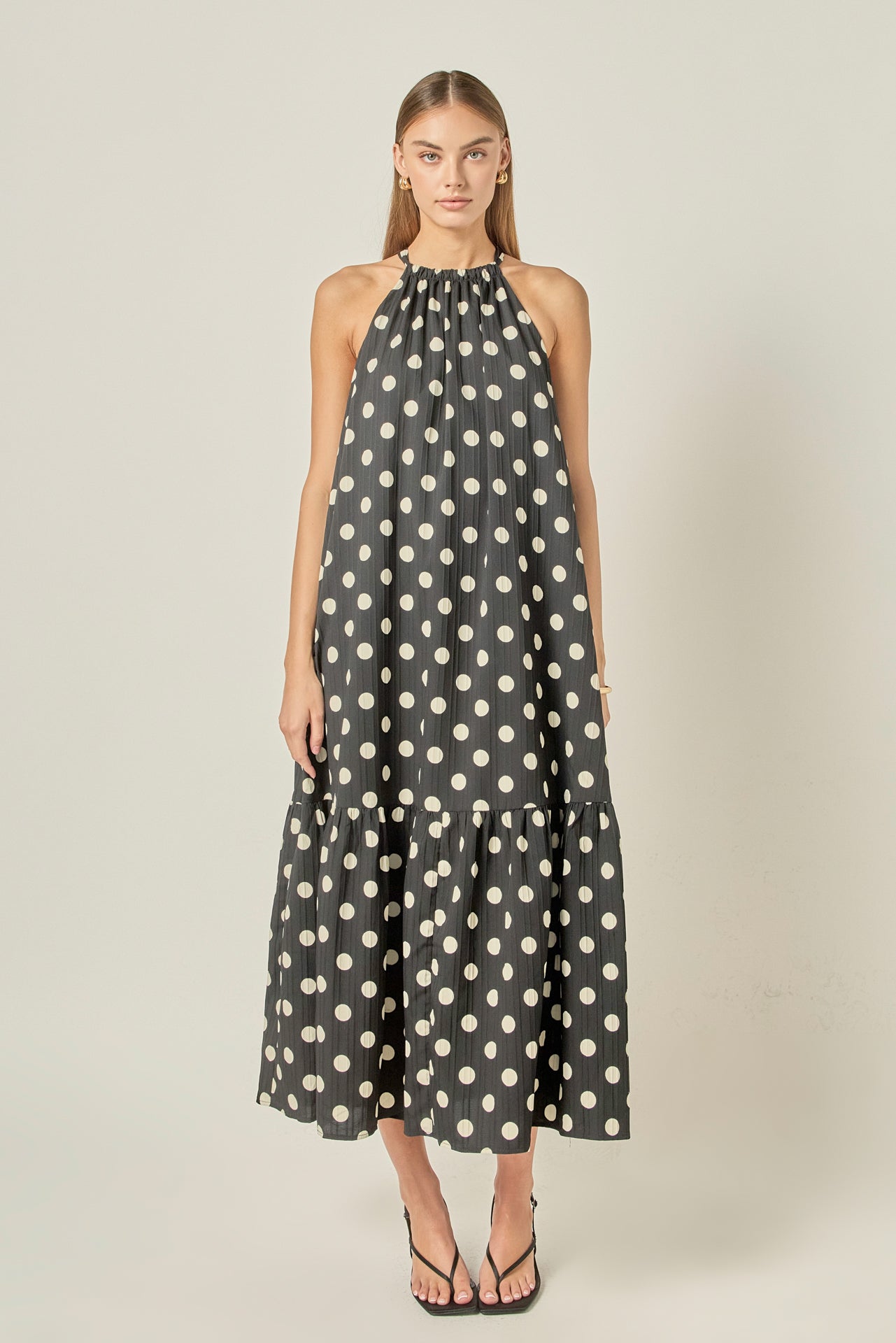 Polka Dot Halter Neck Tiered Hem Sleeveless Maxi Dress