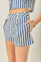 Nautical Stripe High-Waisted Pleated Tailored Cotton Shorts