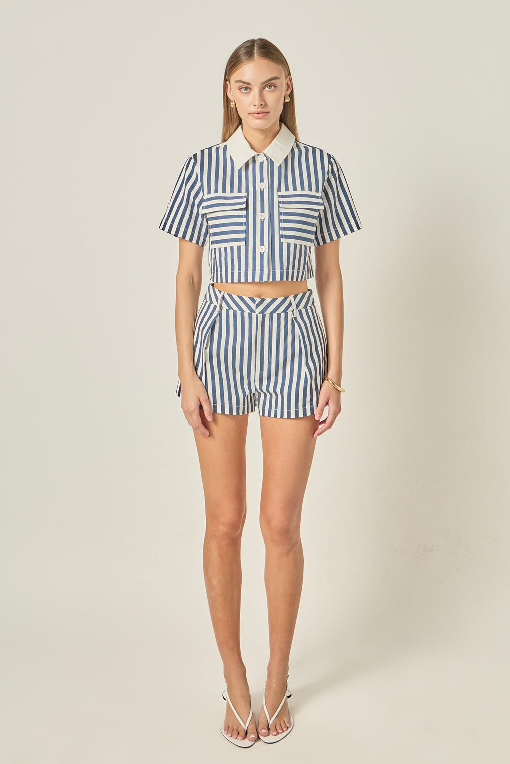 Nautical Stripe High-Waisted Pleated Tailored Cotton Shorts
