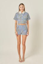Nautical Stripe High-Waisted Pleated Tailored Cotton Shorts