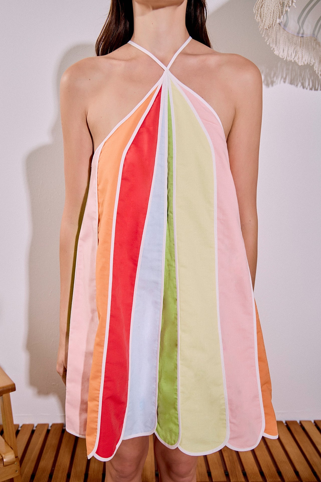 Colorblock Striped Halter Scalloped Hem Linen Mini Dress
