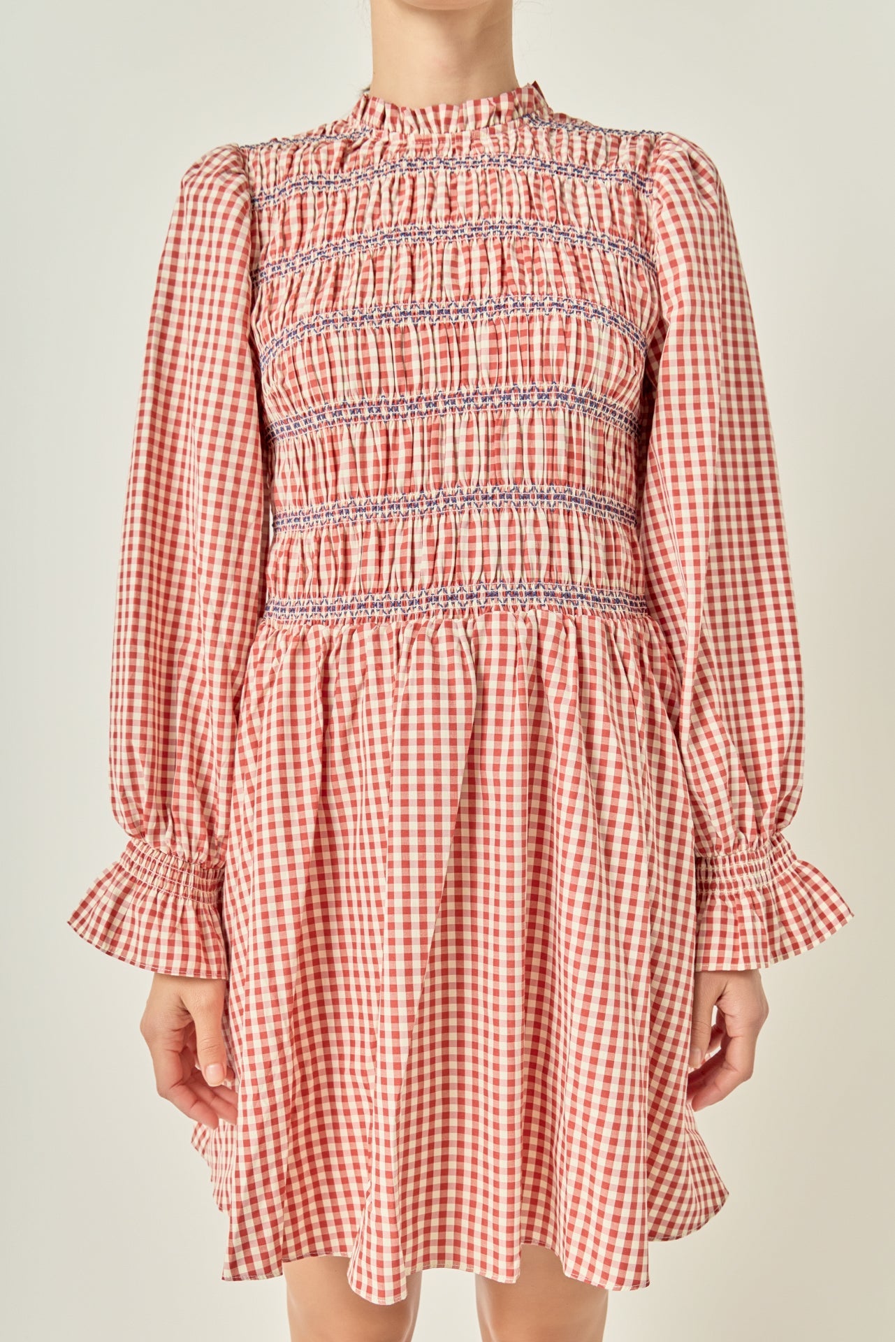 Gingham Smocked Embroidered Puff Sleeve Ruffle Hem Mini Dress