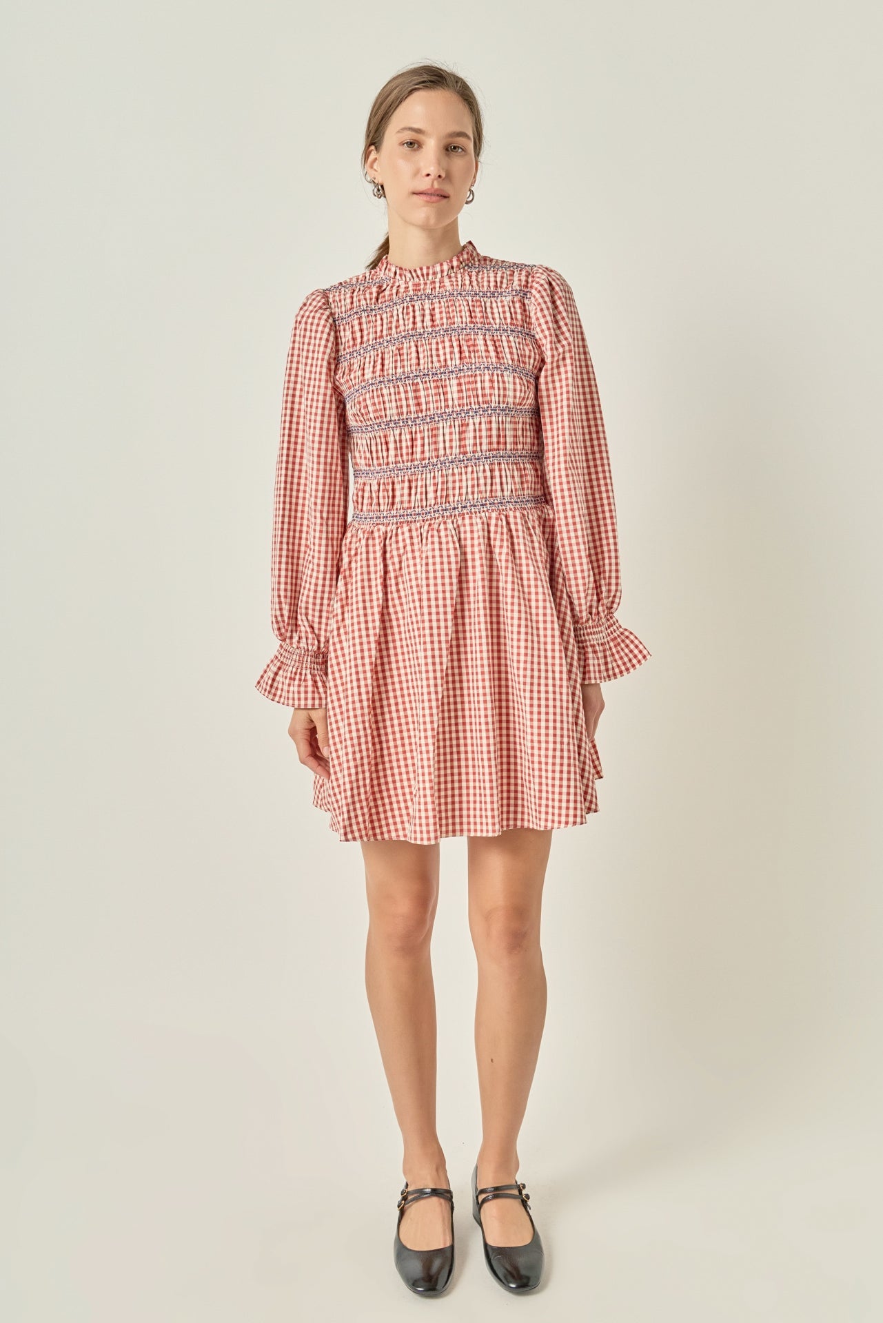 Gingham Smocked Embroidered Puff Sleeve Ruffle Hem Mini Dress