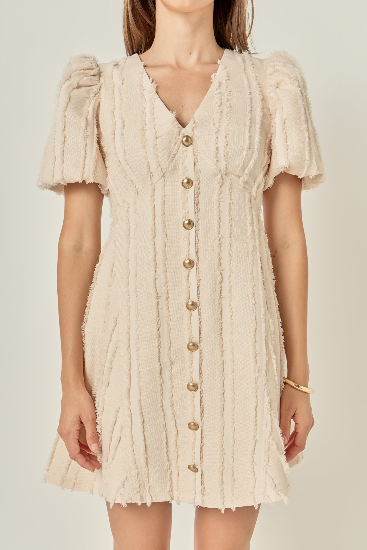 V-Neck Blouson Sleeve Textured Button-Front Mini Dress