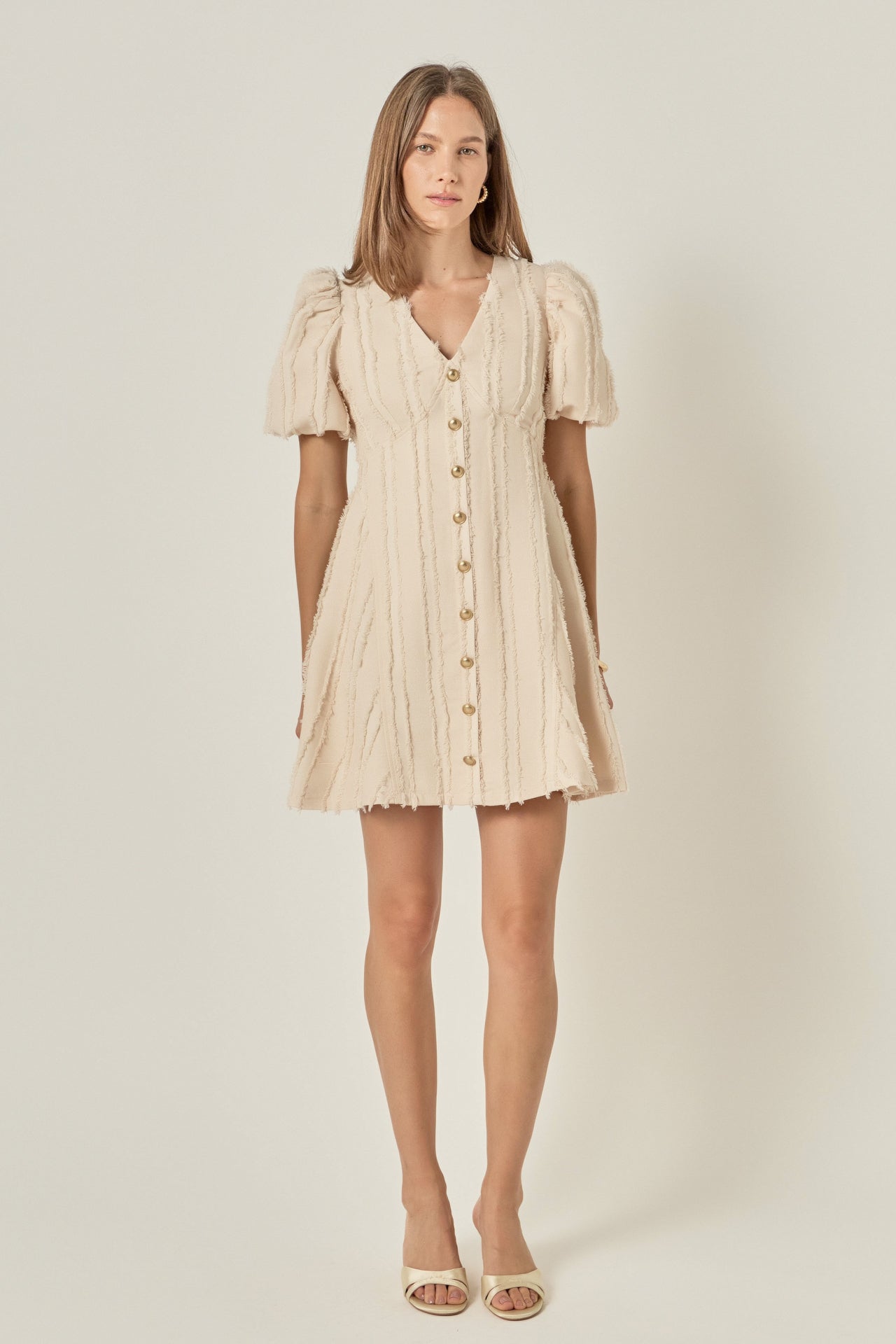V-Neck Blouson Sleeve Textured Button-Front Mini Dress