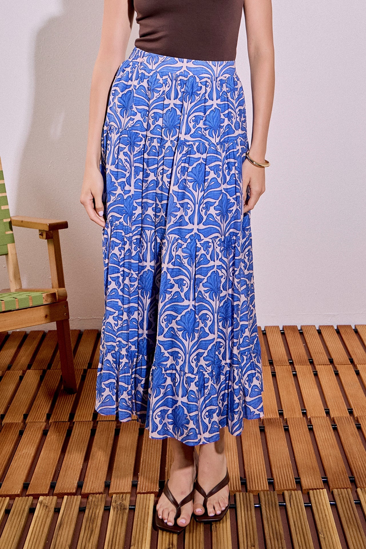 High-Waisted Relaxed A-Line Printed Midi Skirt