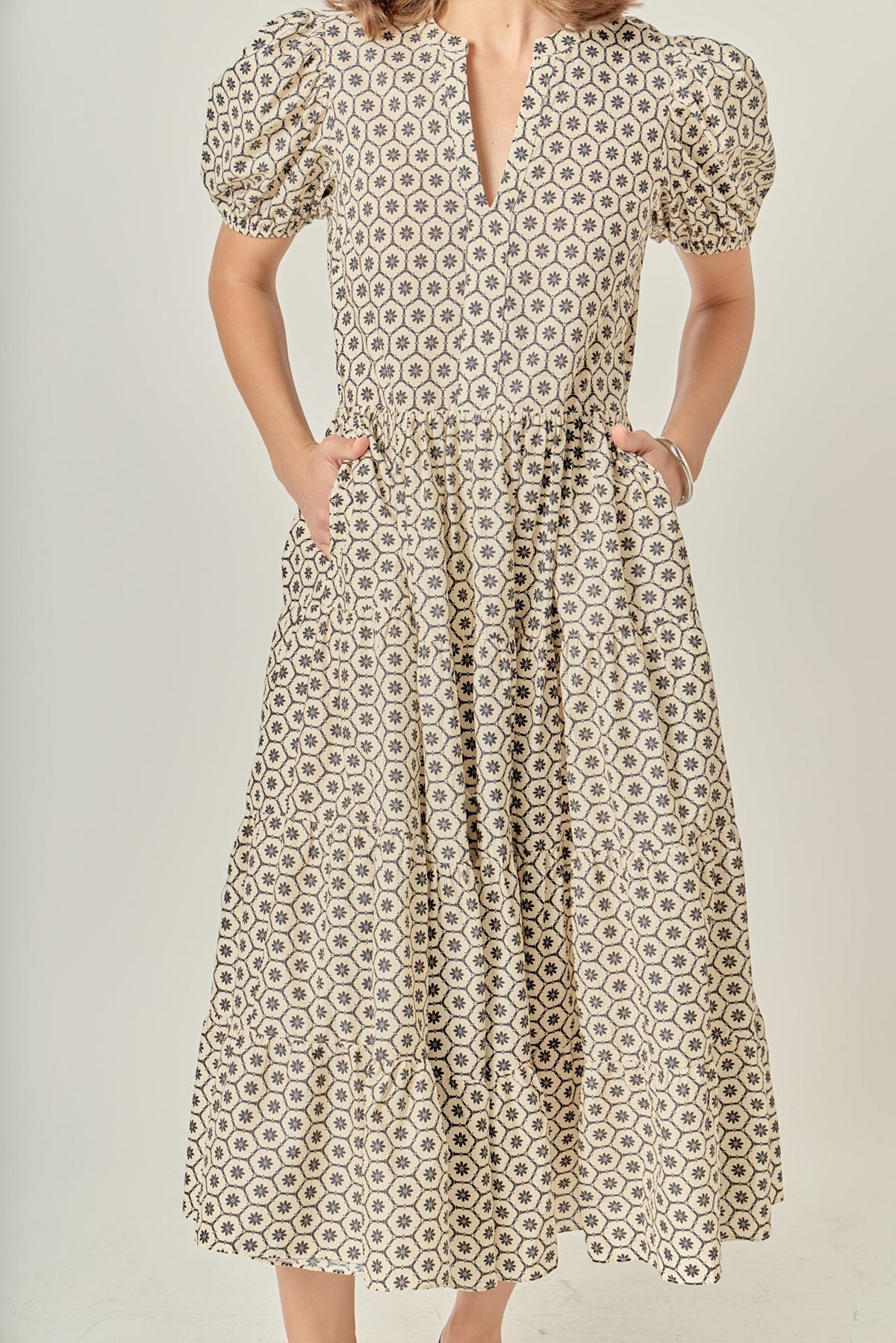 Tile Print Puff Sleeve A-Line Notch Neck Midi Dress