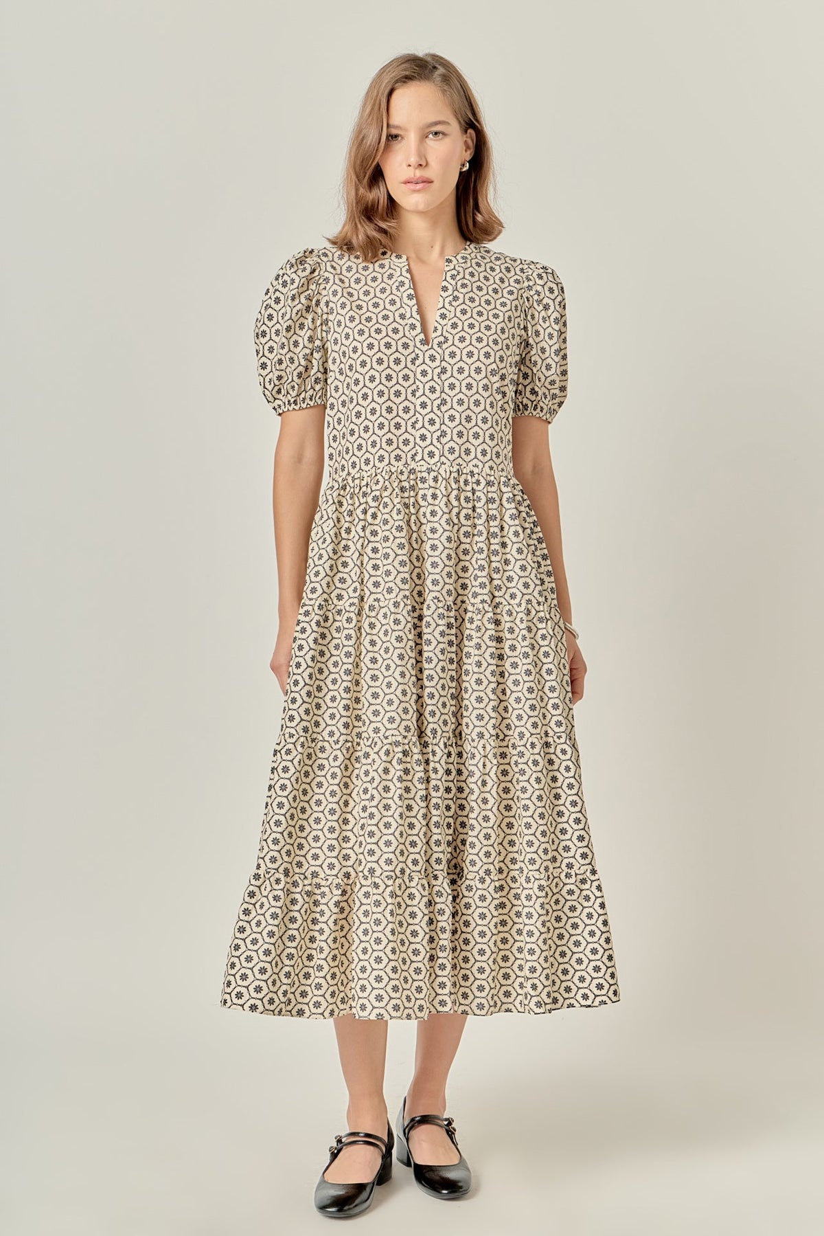 Tile Print Puff Sleeve A-Line Notch Neck Midi Dress