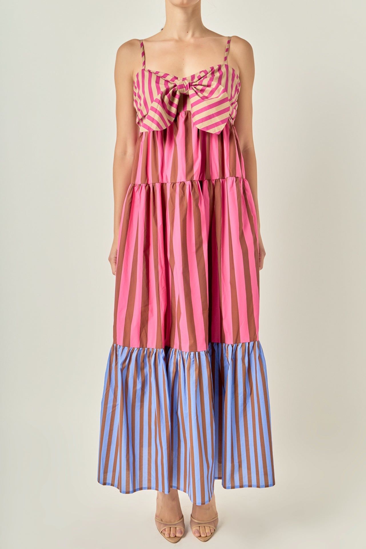 Colorblock Mixed Stripe Tie-Front Smocked Three-Tier Maxi Dress