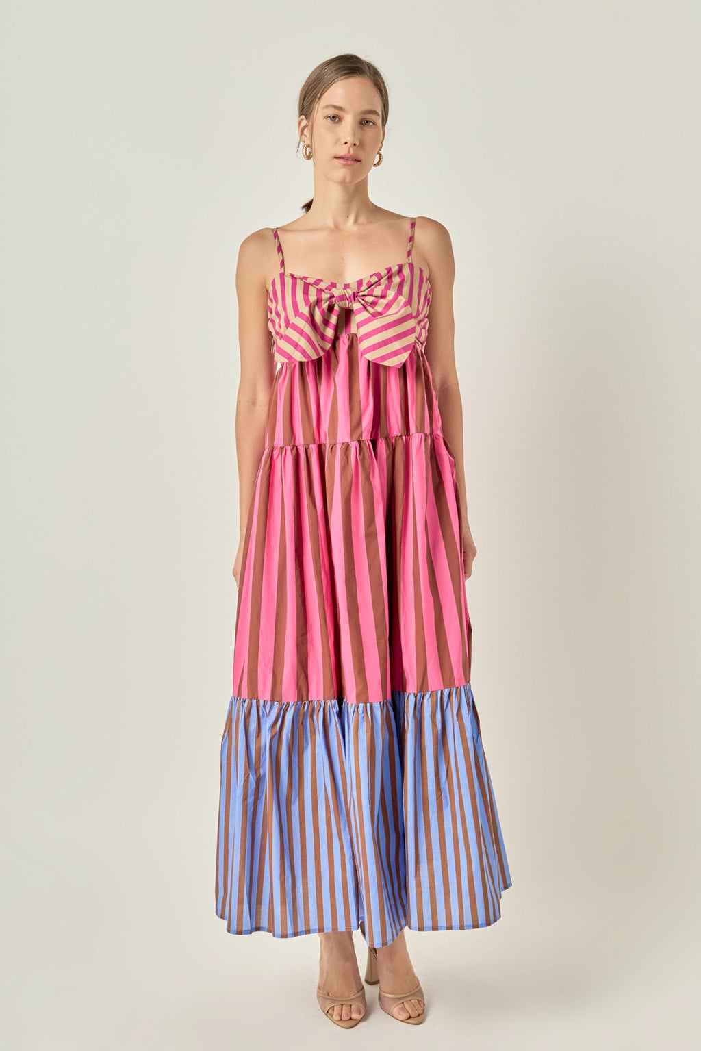 Colorblock Mixed Stripe Tie-Front Smocked Three-Tier Maxi Dress