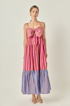 Colorblock Mixed Stripe Tie-Front Smocked Three-Tier Maxi Dress