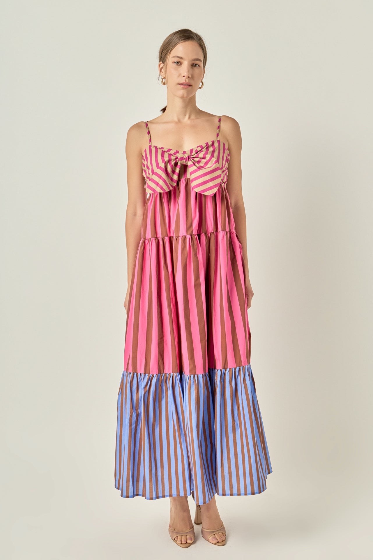 Colorblock Mixed Stripe Tie-Front Smocked Three-Tier Maxi Dress