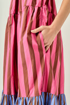 Colorblock Mixed Stripe Tie-Front Smocked Three-Tier Maxi Dress