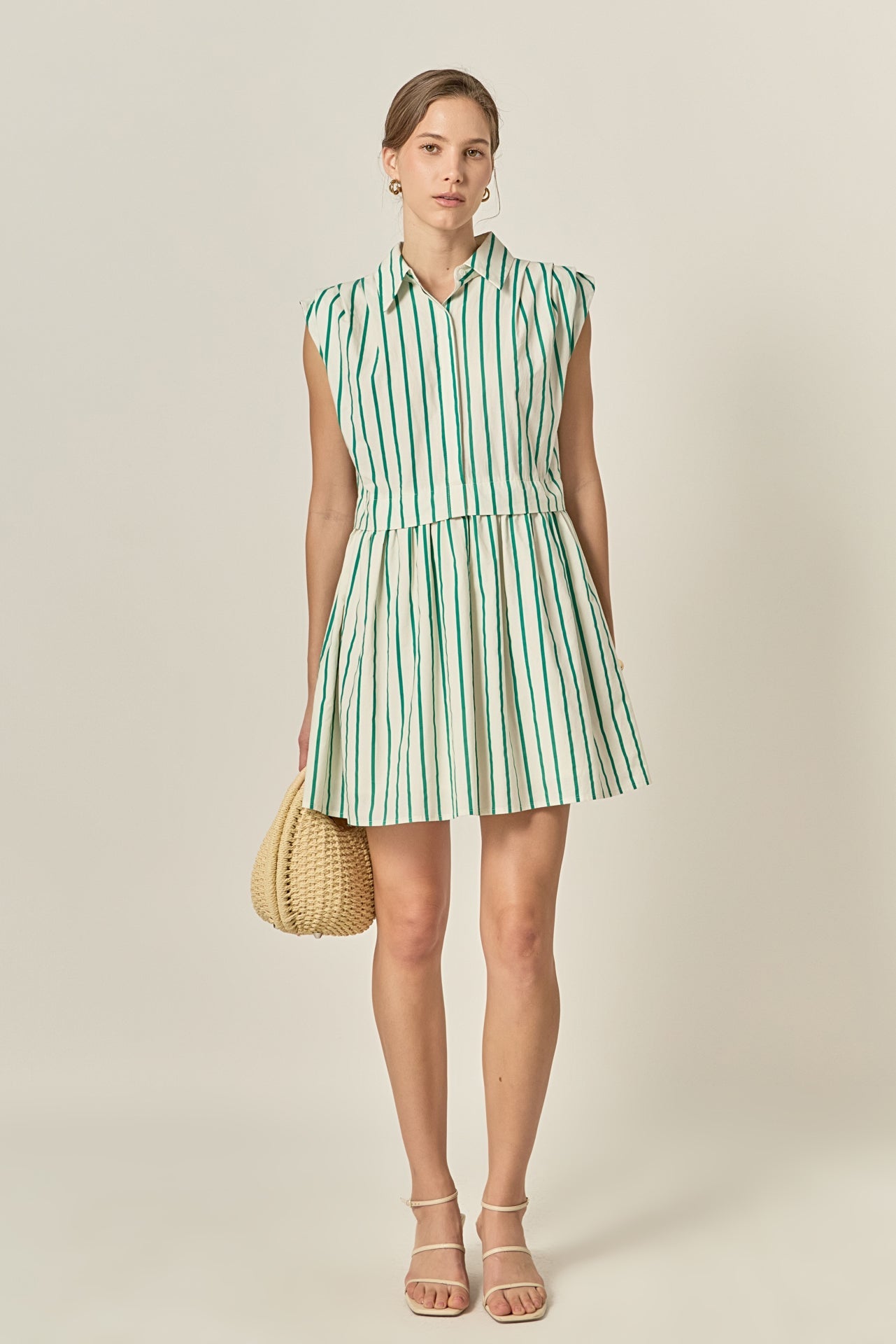 Emerald Stripe Pleated Shoulder Sleeveless Collared Mini Dress