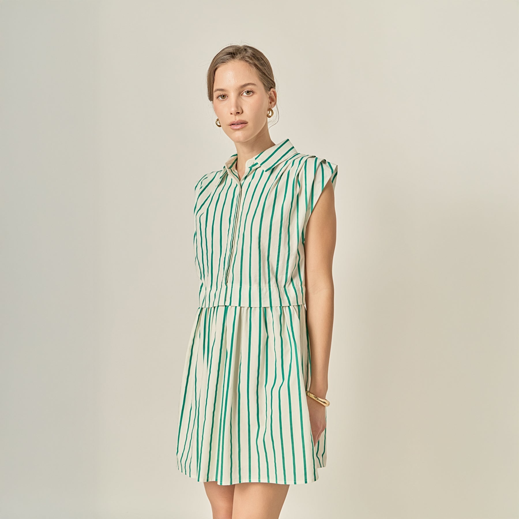 Emerald Stripe Pleated Shoulder Sleeveless Collared Mini Dress