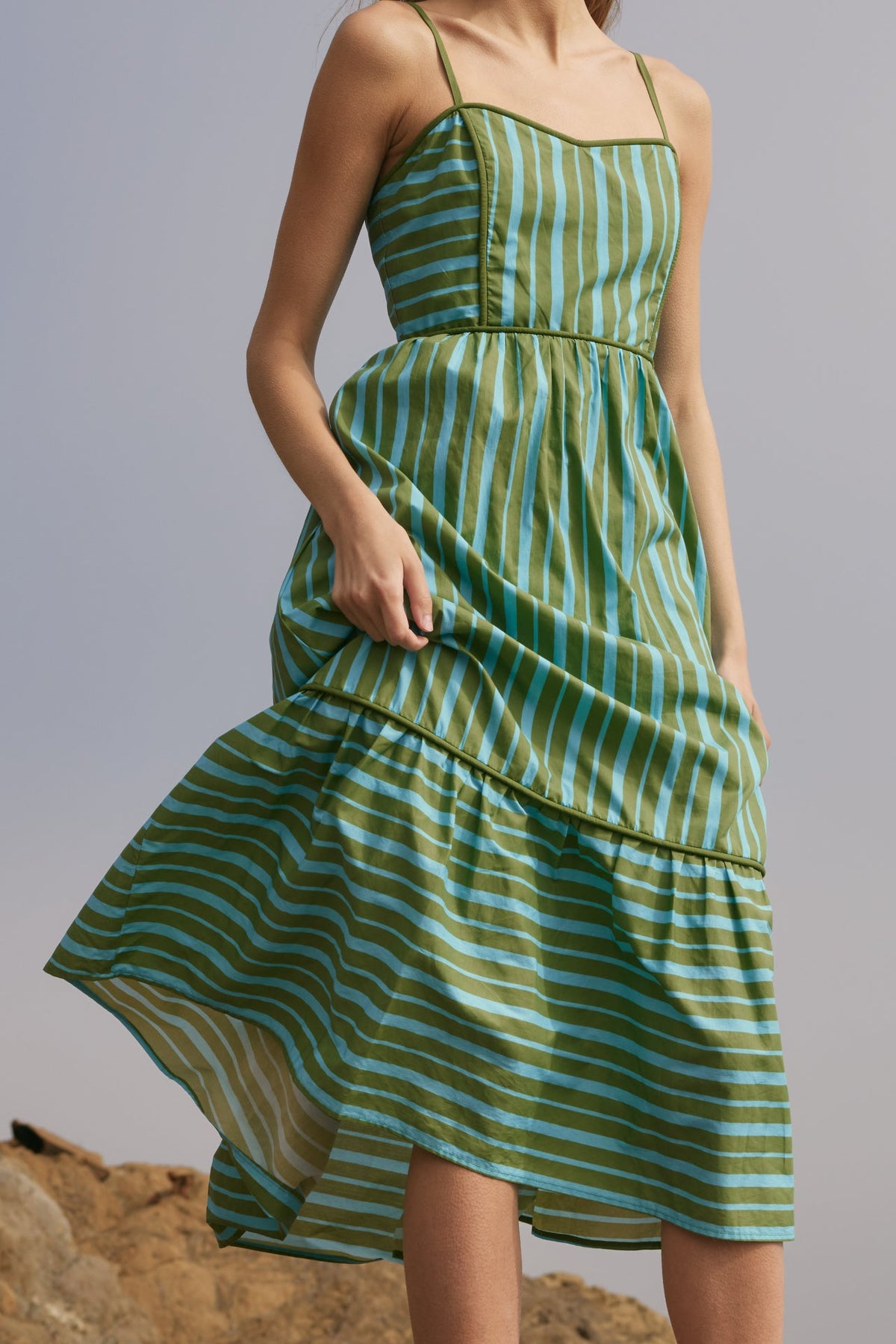 Striped Poplin Fit-and-Flare Smocked Back Midi Dress