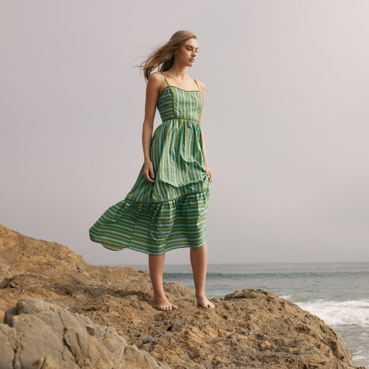 Striped Poplin Fit-and-Flare Smocked Back Midi Dress