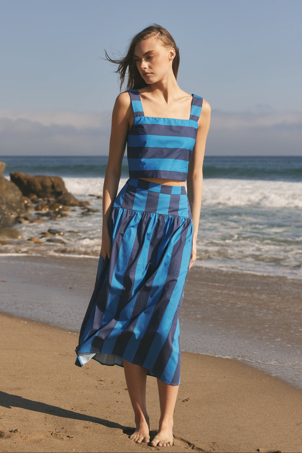 Bold Stripe Drop Waist Gathered Poplin Midi Skirt