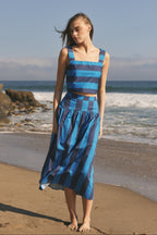 Bold Stripe Drop Waist Gathered Poplin Midi Skirt