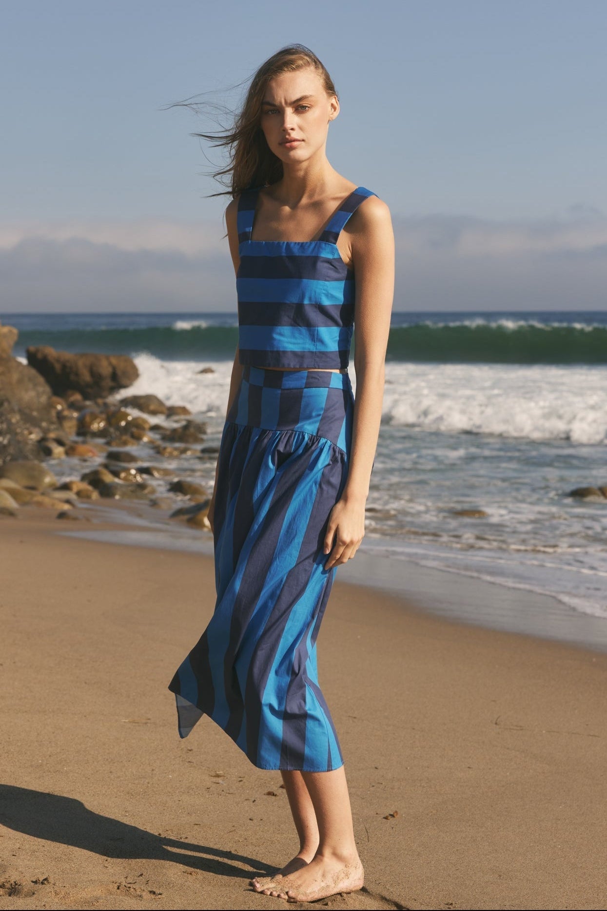 Bold Stripe Drop Waist Gathered Poplin Midi Skirt