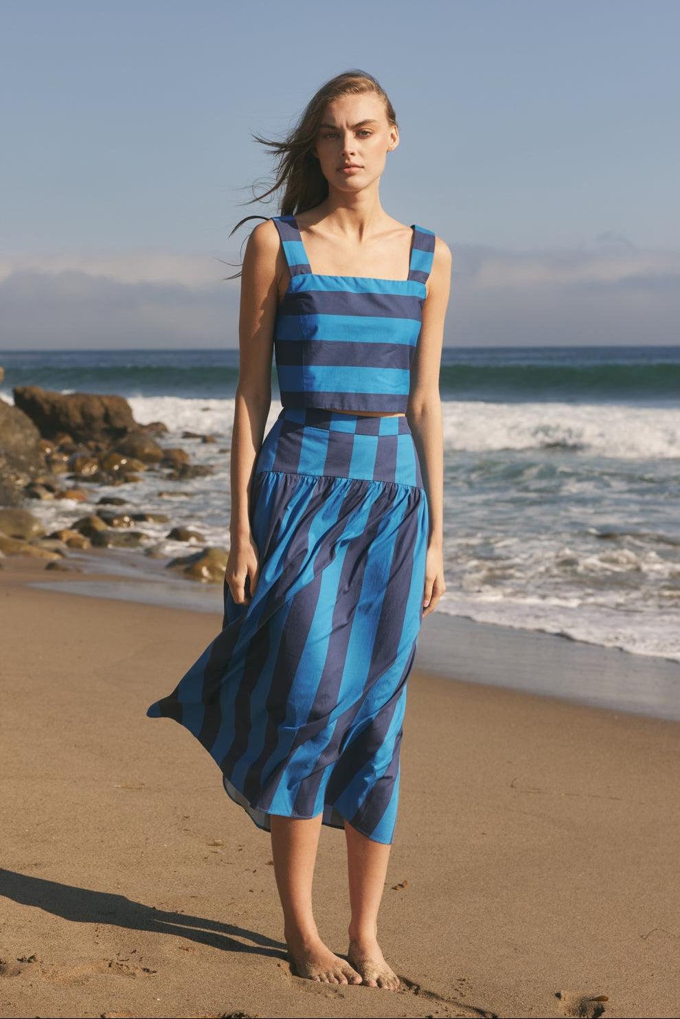 Bold Stripe Drop Waist Gathered Poplin Midi Skirt