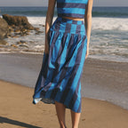 Bold Stripe Drop Waist Gathered Poplin Midi Skirt