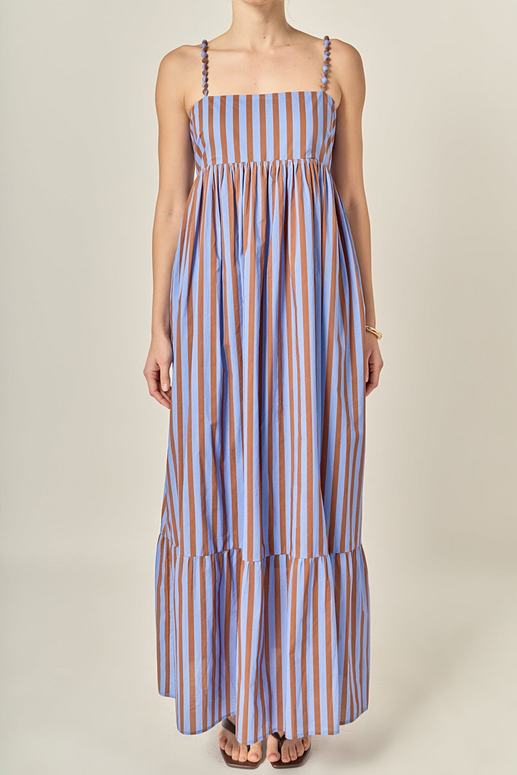Bold Stripe Beaded Strap Sleeveless Cotton Maxi Dress