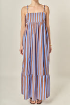 Bold Stripe Beaded Strap Sleeveless Cotton Maxi Dress