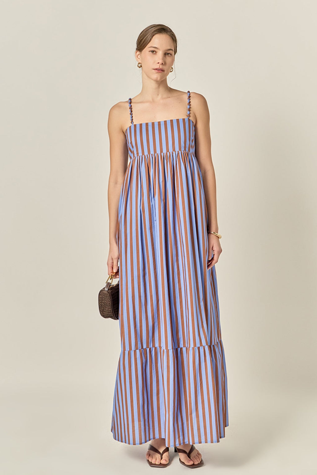 Bold Stripe Beaded Strap Sleeveless Cotton Maxi Dress