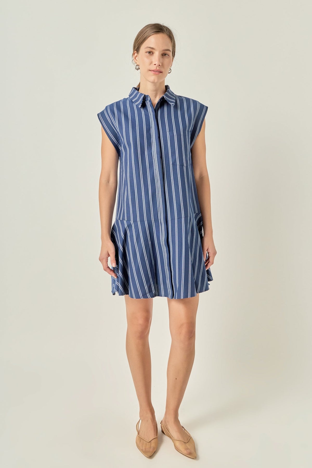 Gestreiftes Kragen-Flare-Rock-Kleid mit tiefer Taille