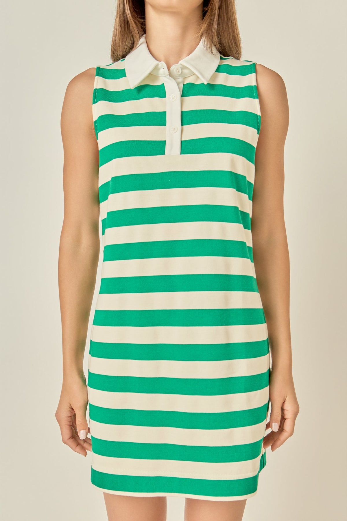Striped Jersey Contrast Collar Partial Placket Sleeveless Mini Dress