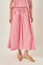 Bold Vertical Stripe High-Rise Patch Pocket Flowy Midi Skirt