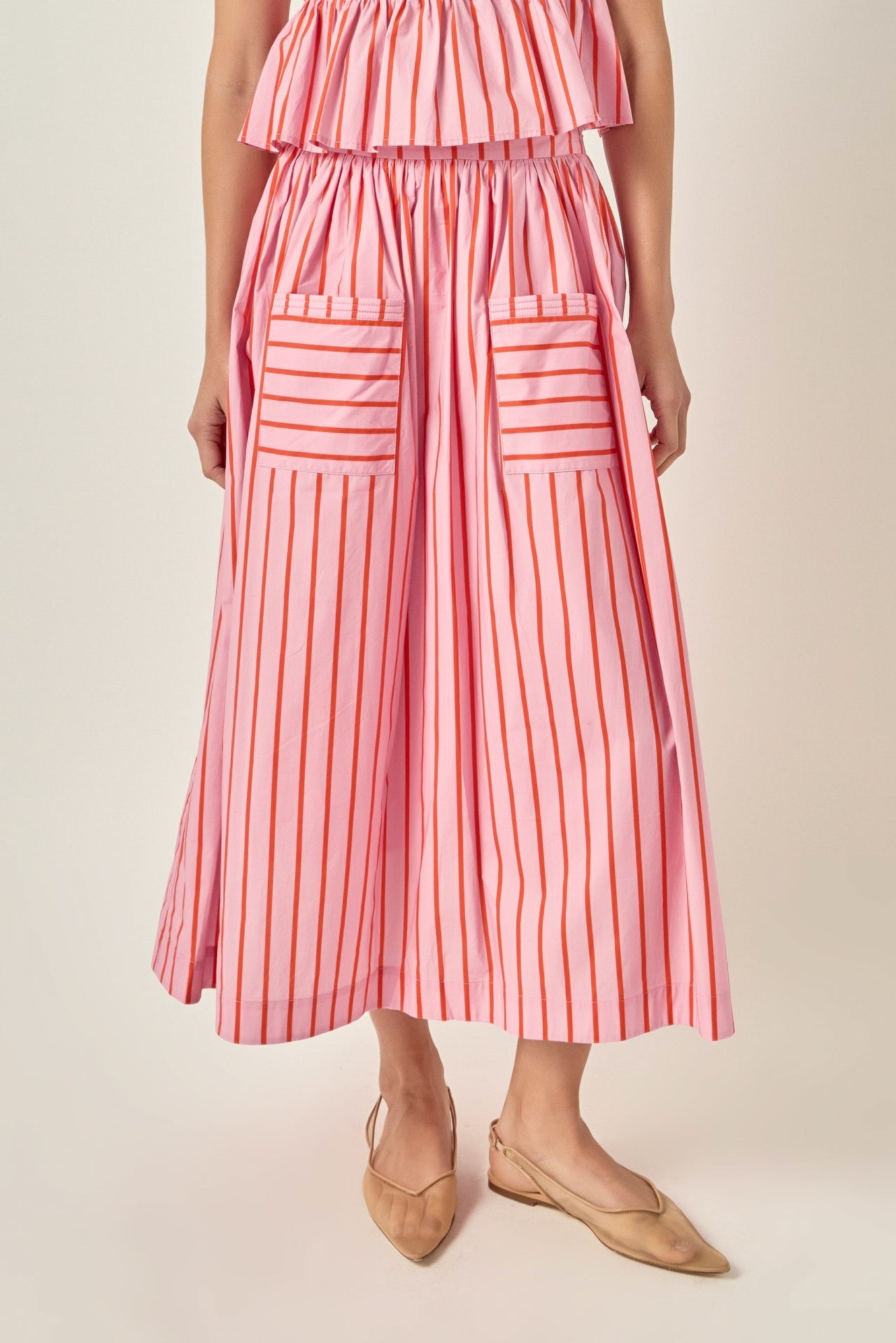 Bold Vertical Stripe High-Rise Patch Pocket Flowy Midi Skirt